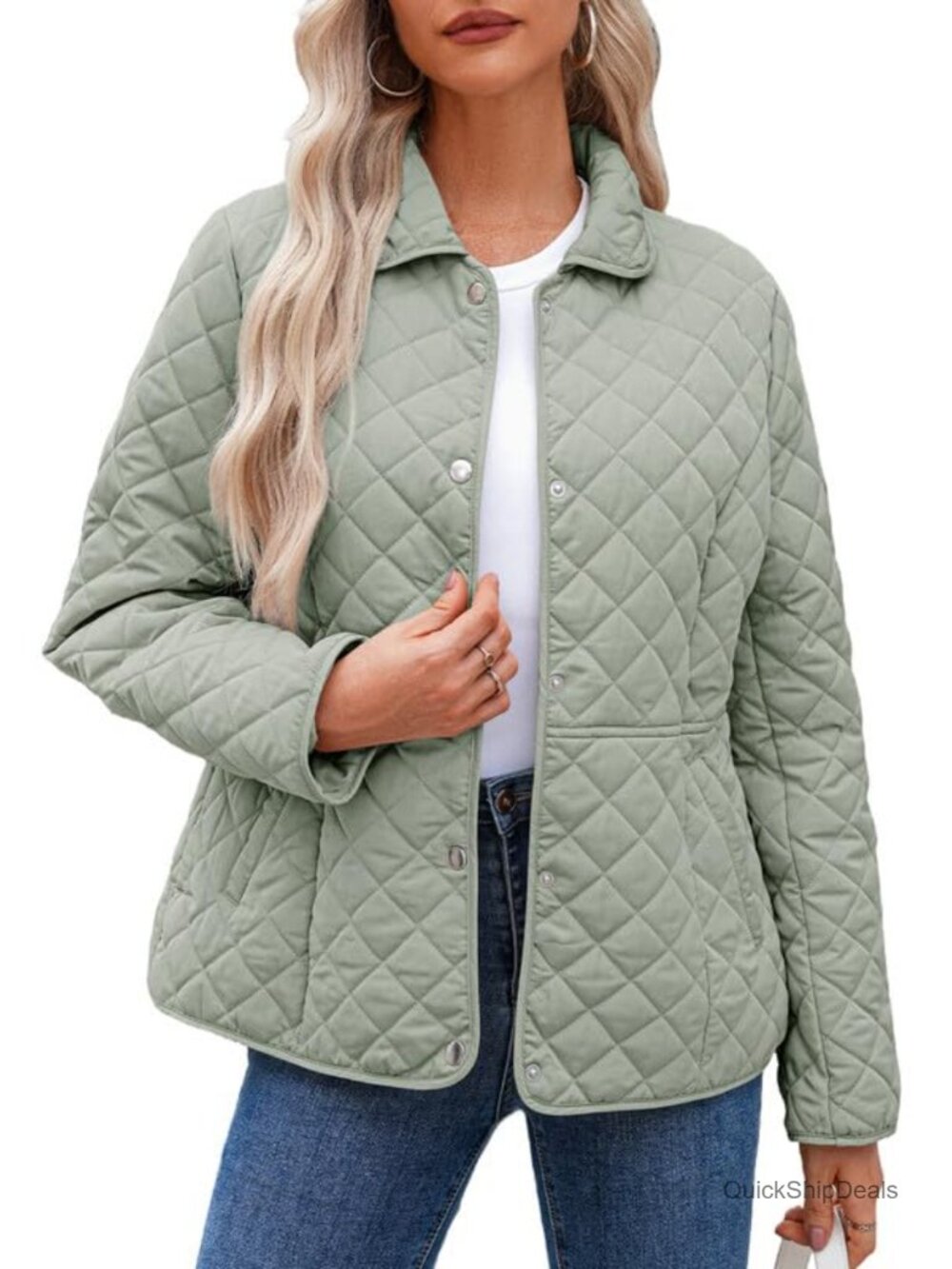 Women's Quilted Puffer Jacket Long Sleeve Button Down Diamond Winter Coat with